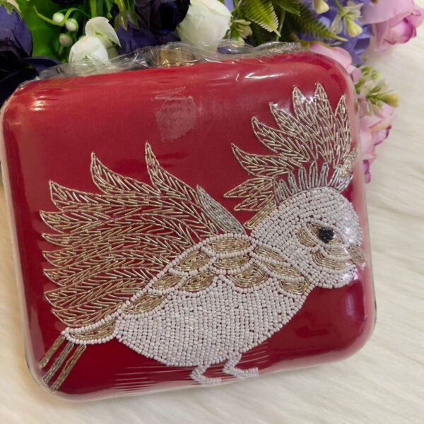 Square Box Red Clutch with Bird Detailing