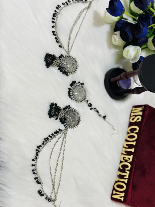 Black oxidised jhumki earrings with maangtikka