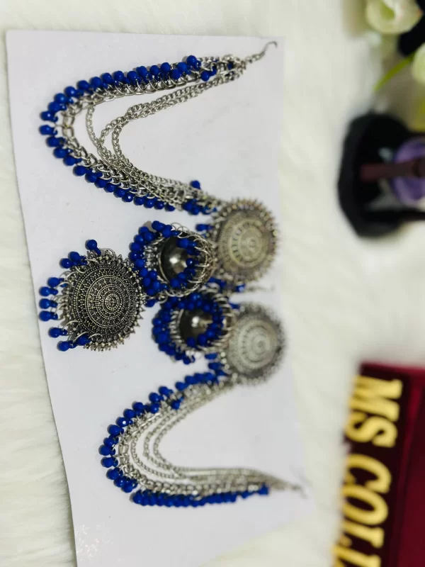 Blue oxidised jhumki earrings with tikka