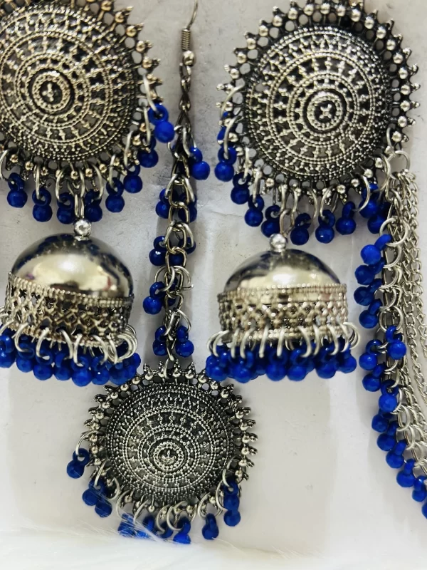 Blue oxidised earrings with sahara & tikka