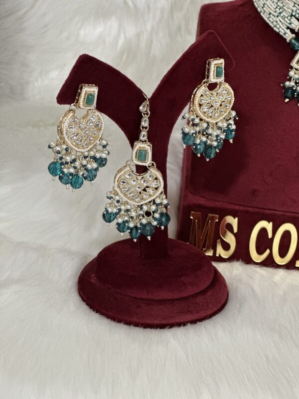 Teal Blue Kundan earrings with tikka