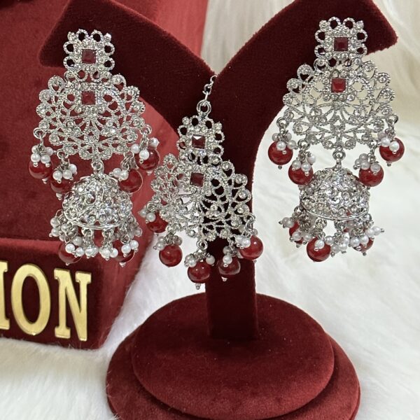 maroon AD jhumki earrings and tikka