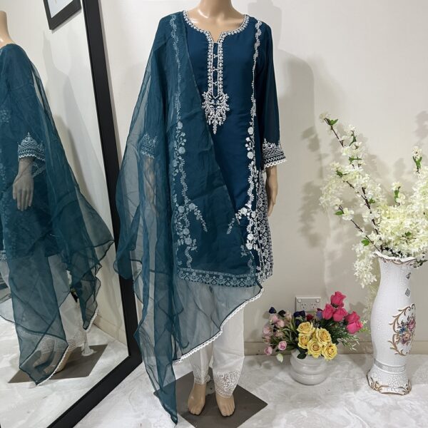 Teal Blue Fully Embroidered Organza Indian Suit