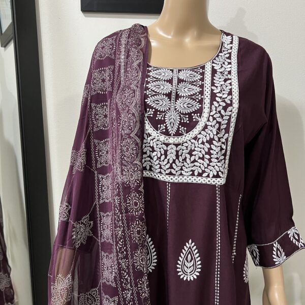 Wine Kalidaar Embroidered Neck Frock Suit