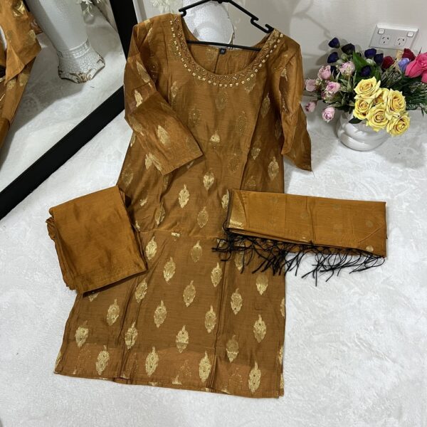 Golden Printed Silk Suit With Emboidered Neckline