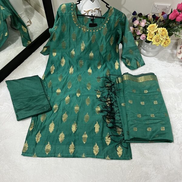 Printed Silk Suit With Emboidered Neckline