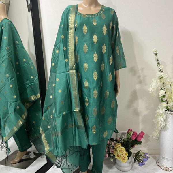 Emboidered Neckline Printed Silk Suit