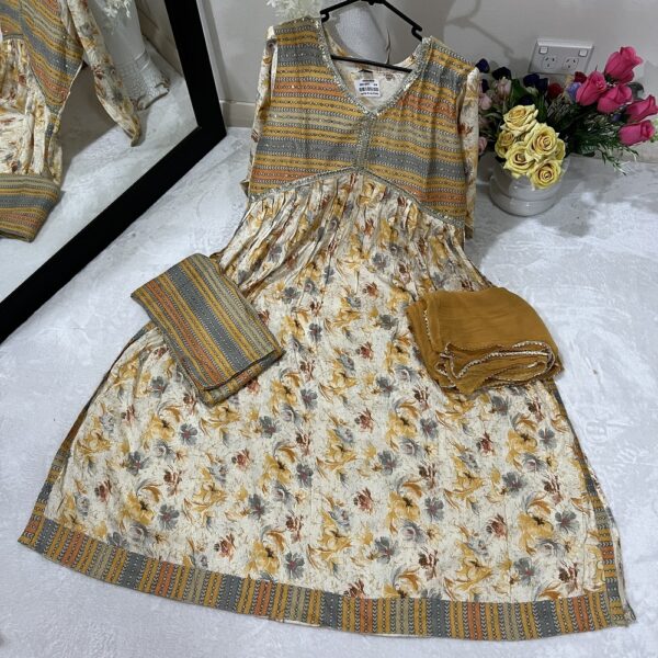 Pure Cotton Mustard Alia Cut Printed Suit